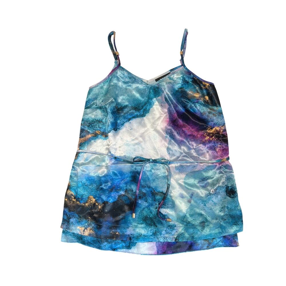 DKNY Silky Watercolor Cami Women's Size XXS Gold Accents Removeable Belt Y2K 90s